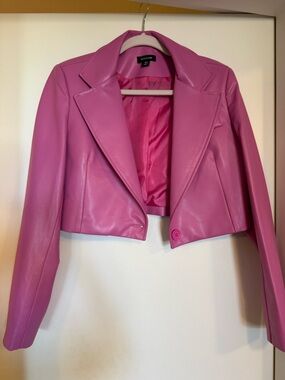 Cropped Faux Leather Blazer Jacket - Pink